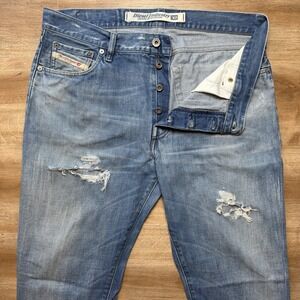 Diesel Jeans Men 36x29 Blue Tapered Leg Thrashed Made Italy Denim Vintage Hemmed